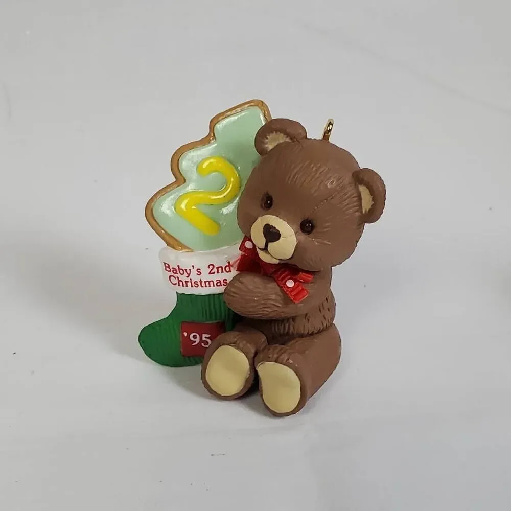 1995 Baby’s 2nd Christmas Ornament – Brown Teddy Bear with Tree Cookie & Red Bow